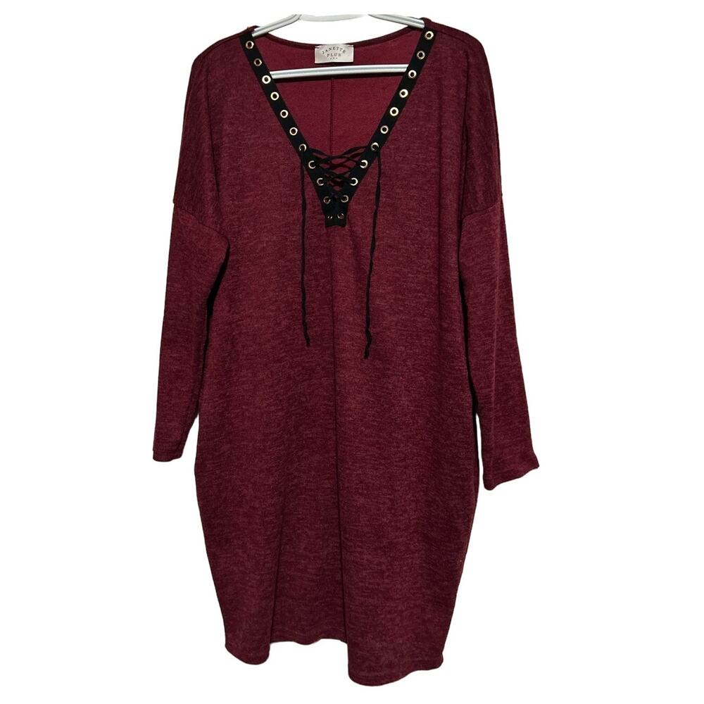 Janette Plus USA Women's Burgundy Long Sleeve Sweater Dress Lace Ties Size 1X